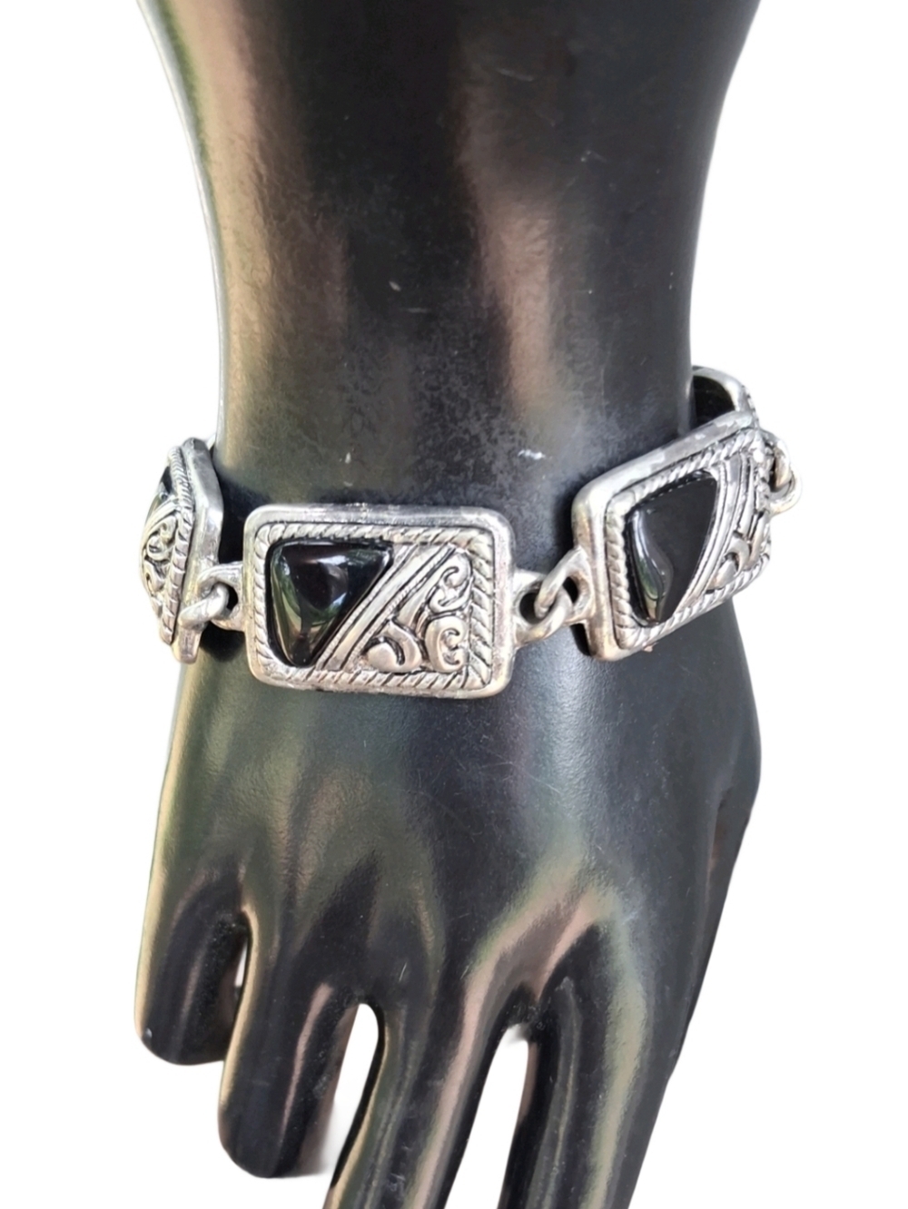 Vintage Premier Designs "High Gloss" Black & Silver Scroll Toggle Bracelet